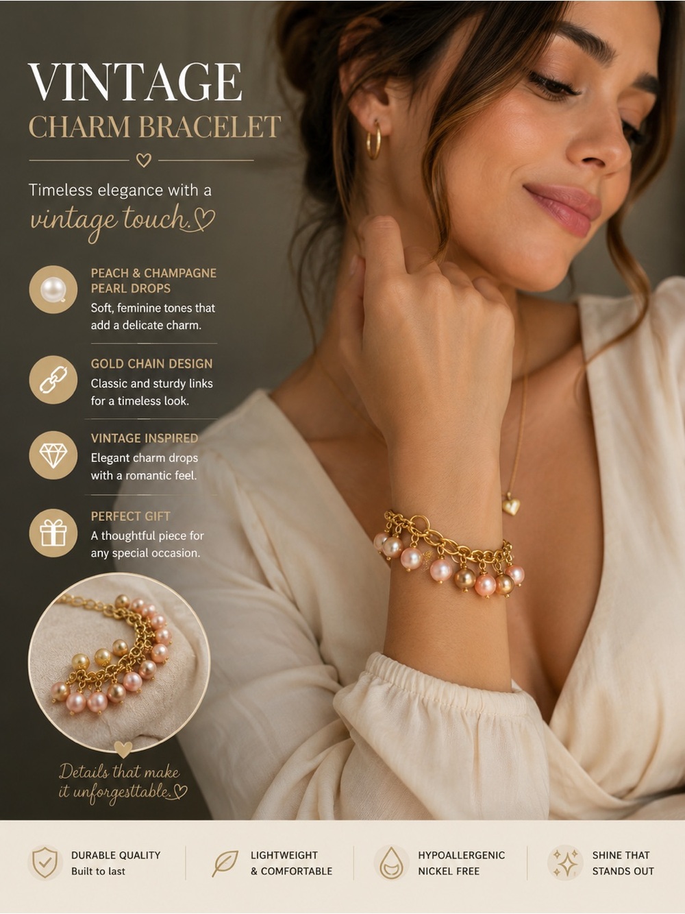 Honora Gold Charm Bracelet with Peach and Champagne Pearl Drops